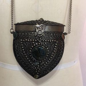 Vintage Medieval Stone and Metal Bag with Velvet Lining